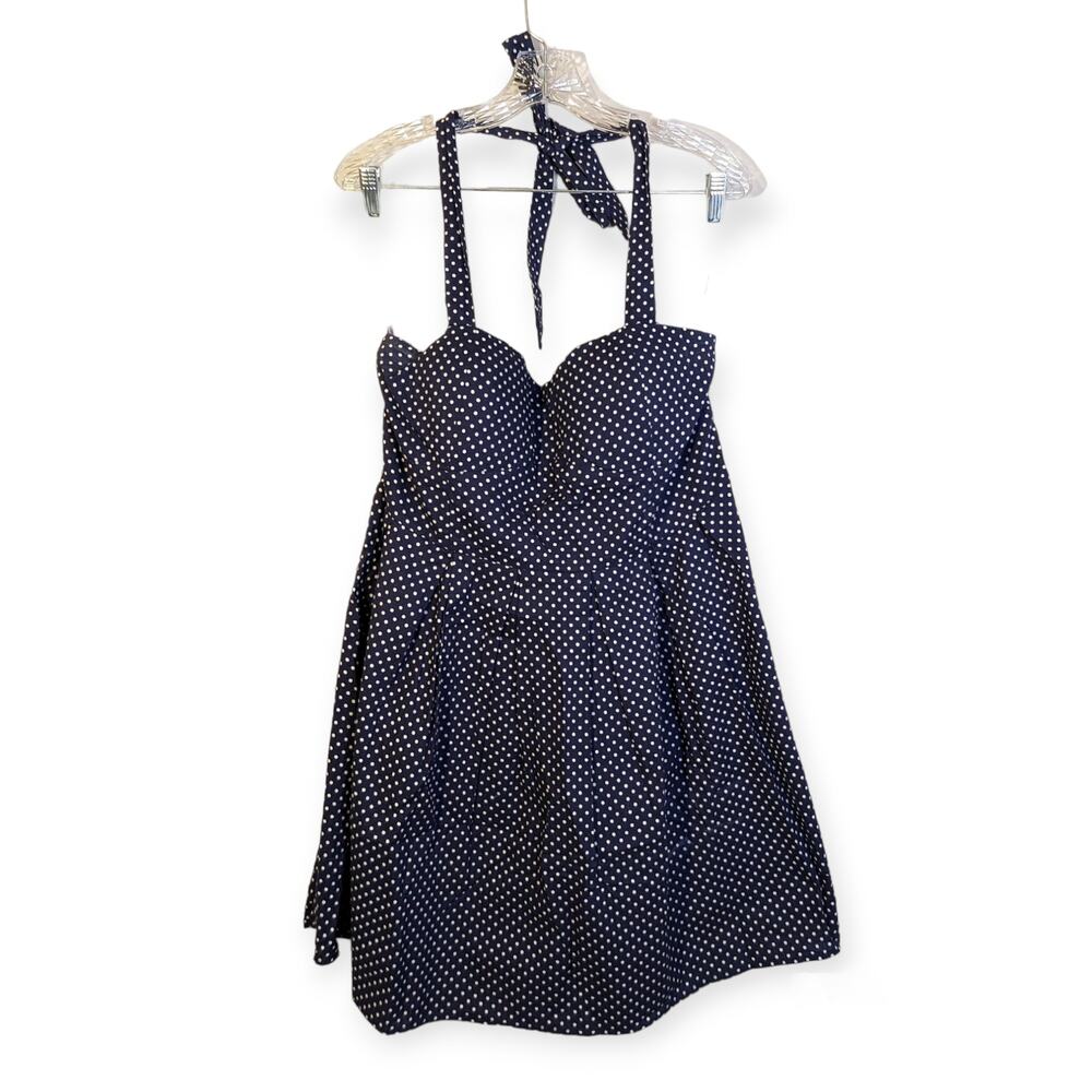 No Boundaries Navy Dot Sweetheart Neck Smocked Back Pinup Halter Dress XL